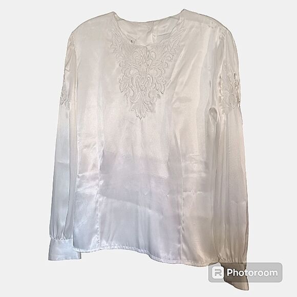 Nicola Satin White Embroidered Long Sleeve Blouse Back Button Down Closure 6 - Picture 1 of 9